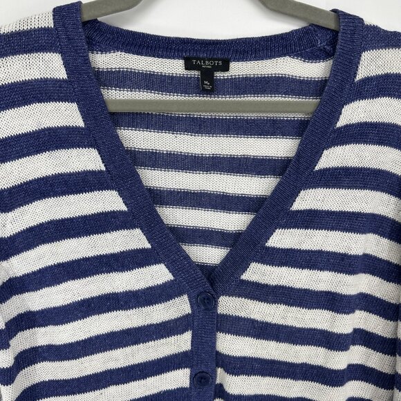 Talbots Striped Linen Cardigan Sweater MP V Neck Summer Lightweight Blue White - Picture 6 of 7